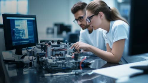 Custom Products. Two young engineers, one female and one male, working in the electronics lab.
