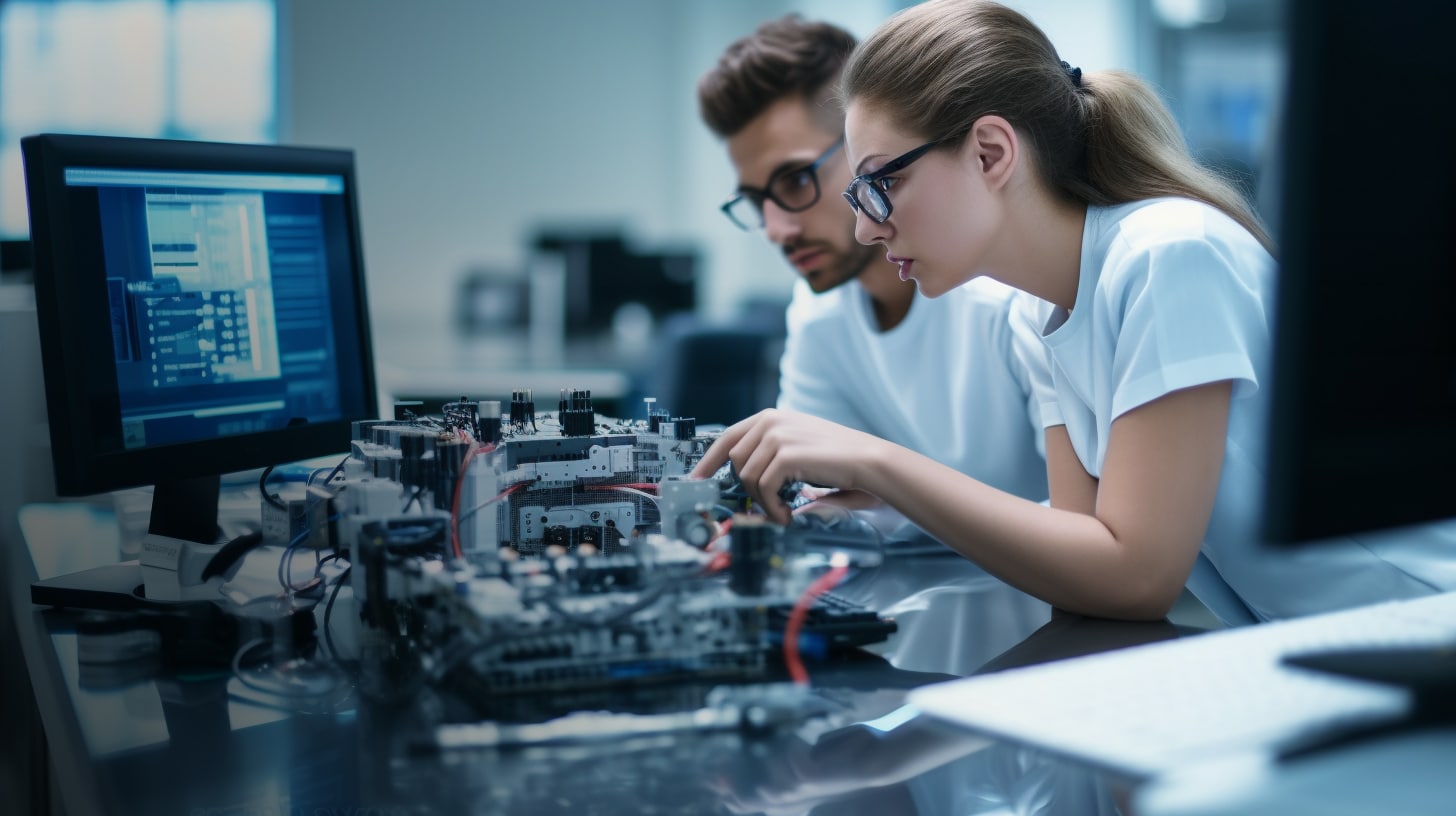 Custom Products. Two young engineers, one female and one male, working in the electronics lab.