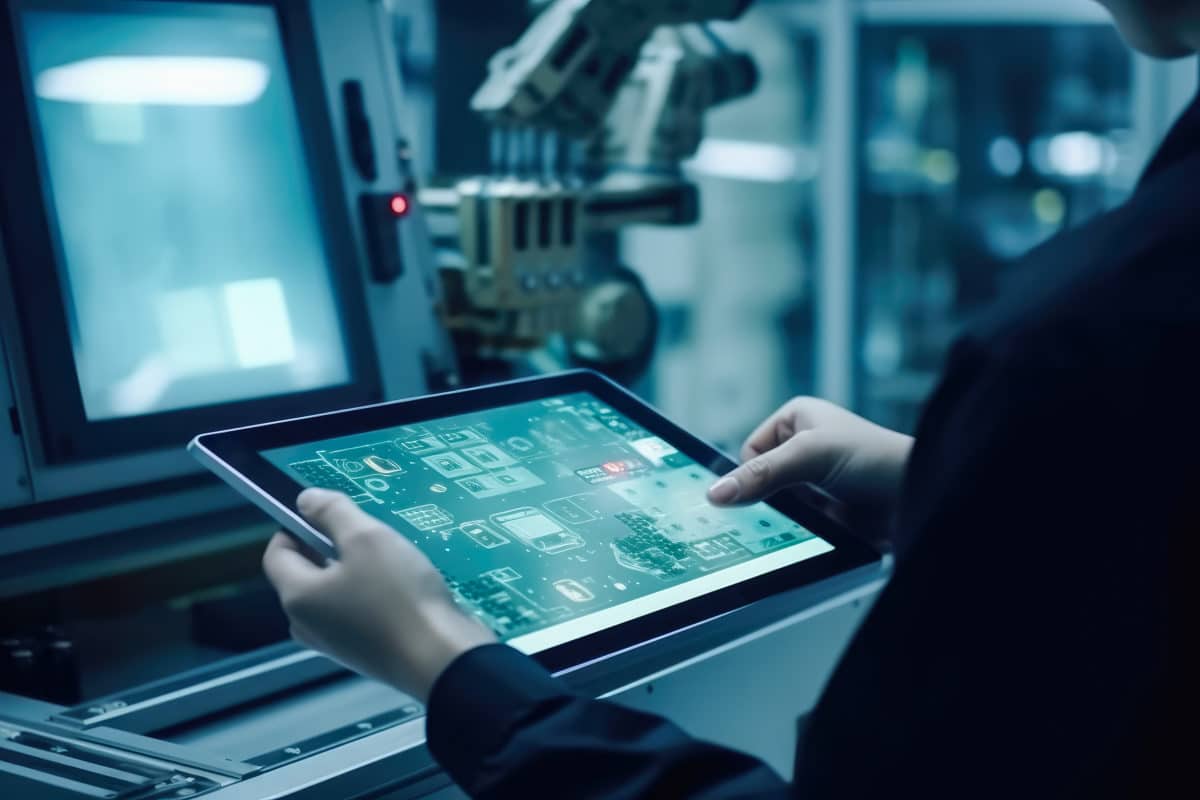 Engineer using digital tablet checking on monitoring system software , Smart factory automotive industrial with tablet real time , Generate Ai