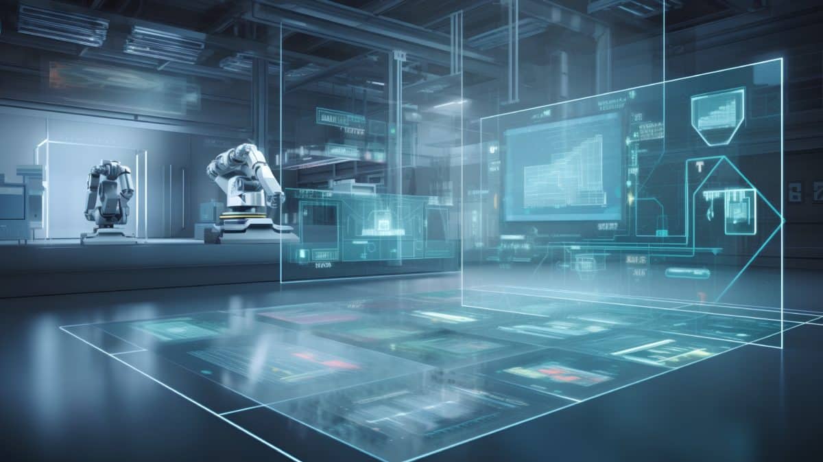 Industry 4.0 smart factory interior showcases advanced automation, machinery, and robotics in a futuristic industrial setting. Innovation, engineering, and interconnected systems. Generative AI