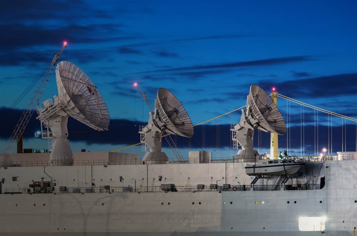 Industrial Communication. A military vessel with satellite dishes used in tracking rocket trajectories at the naval dockyards of Halifax Harbour.